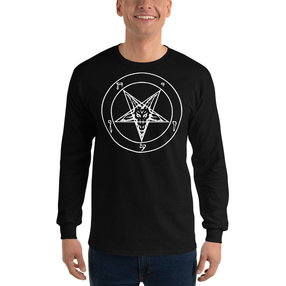 Sigil of Baphomet design on unisex long sleeve shirt, front view