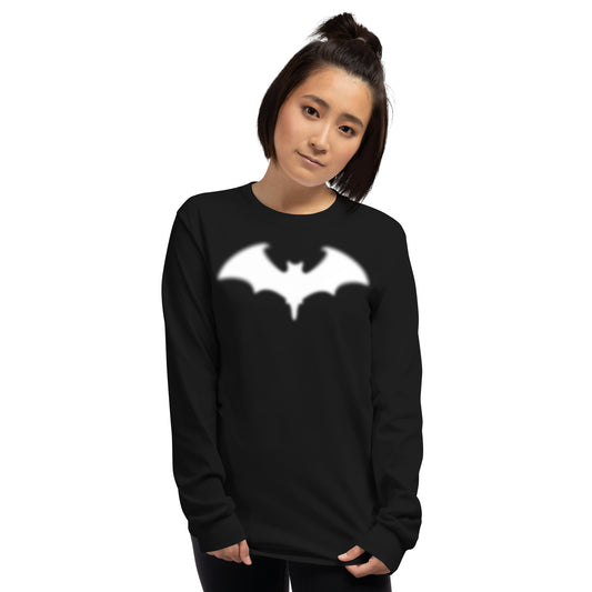 Blurry Bat design on unisex long sleeve shirt, front view