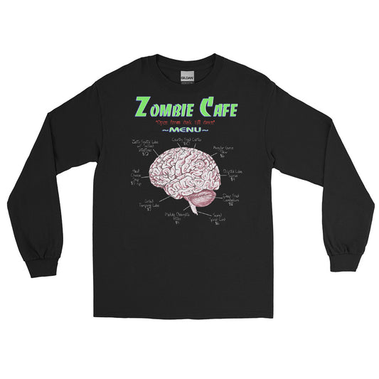 Zombie Cafe Brains Menu design on unisex long sleeve shirt, front view