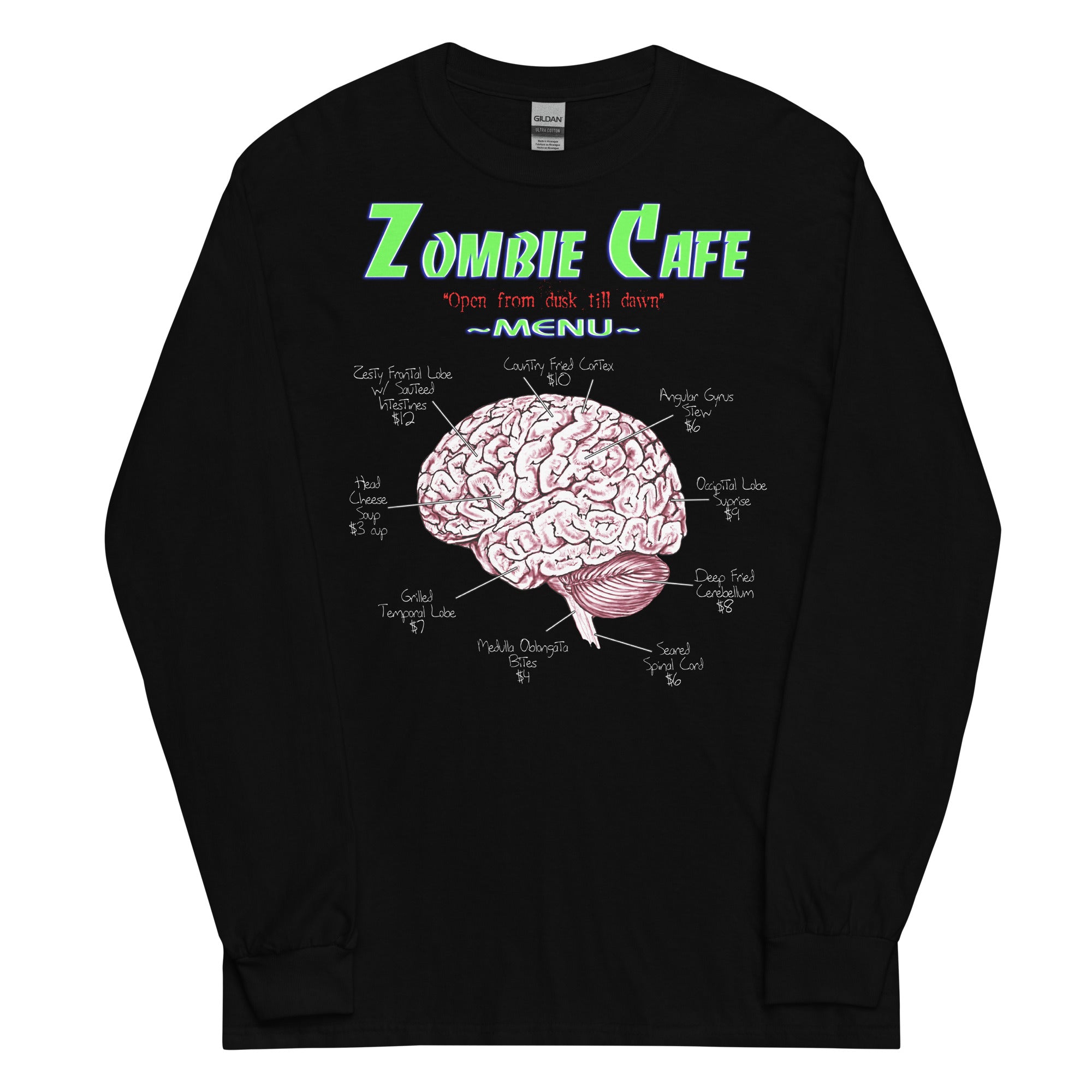 Zombie Cafe Brains Menu Horror Men’s Long Sleeve Shirt - Edge of Life Designs