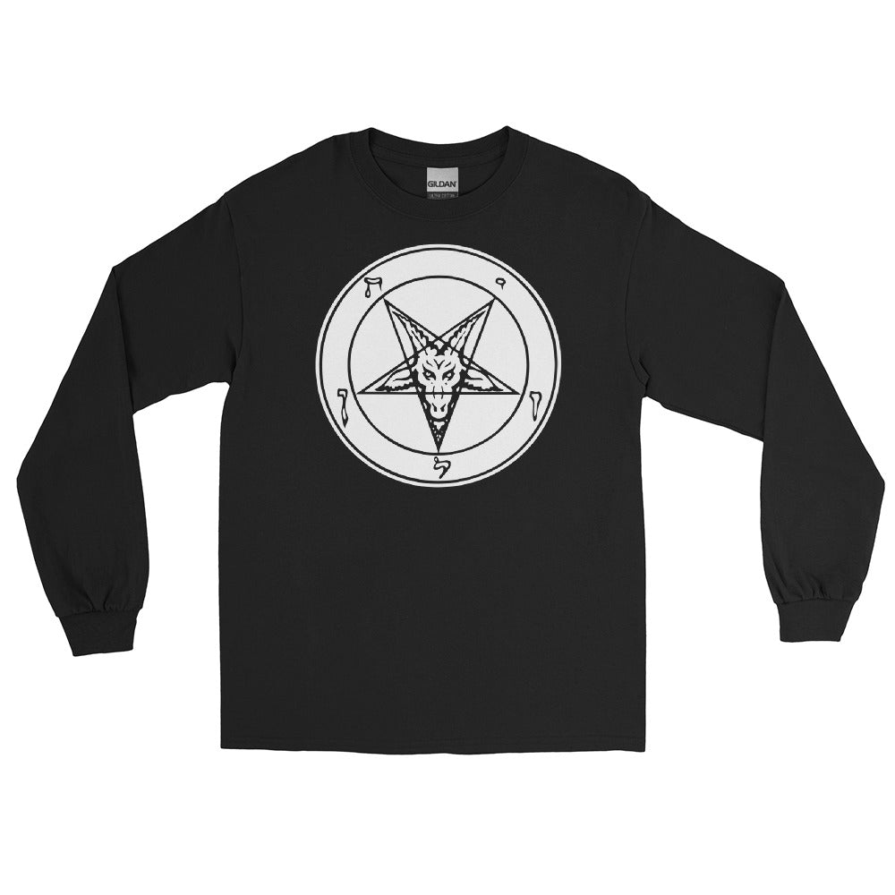 Classic Sigil of Baphomet Goat Head Pentagram Men’s Long Sleeve Shirt White Print - Edge of Life Designs