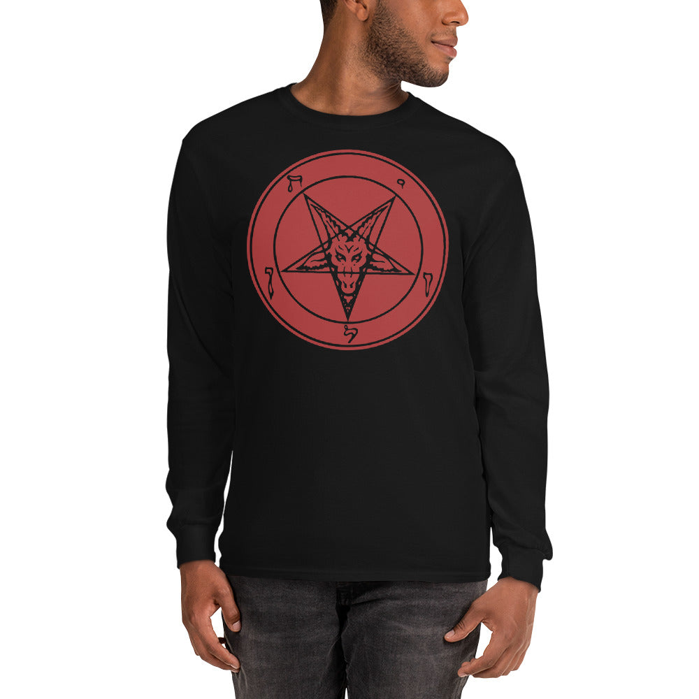 Classic Sigil of Baphomet Goat Head Pentagram Men’s Long Sleeve Shirt Red Print - Edge of Life Designs