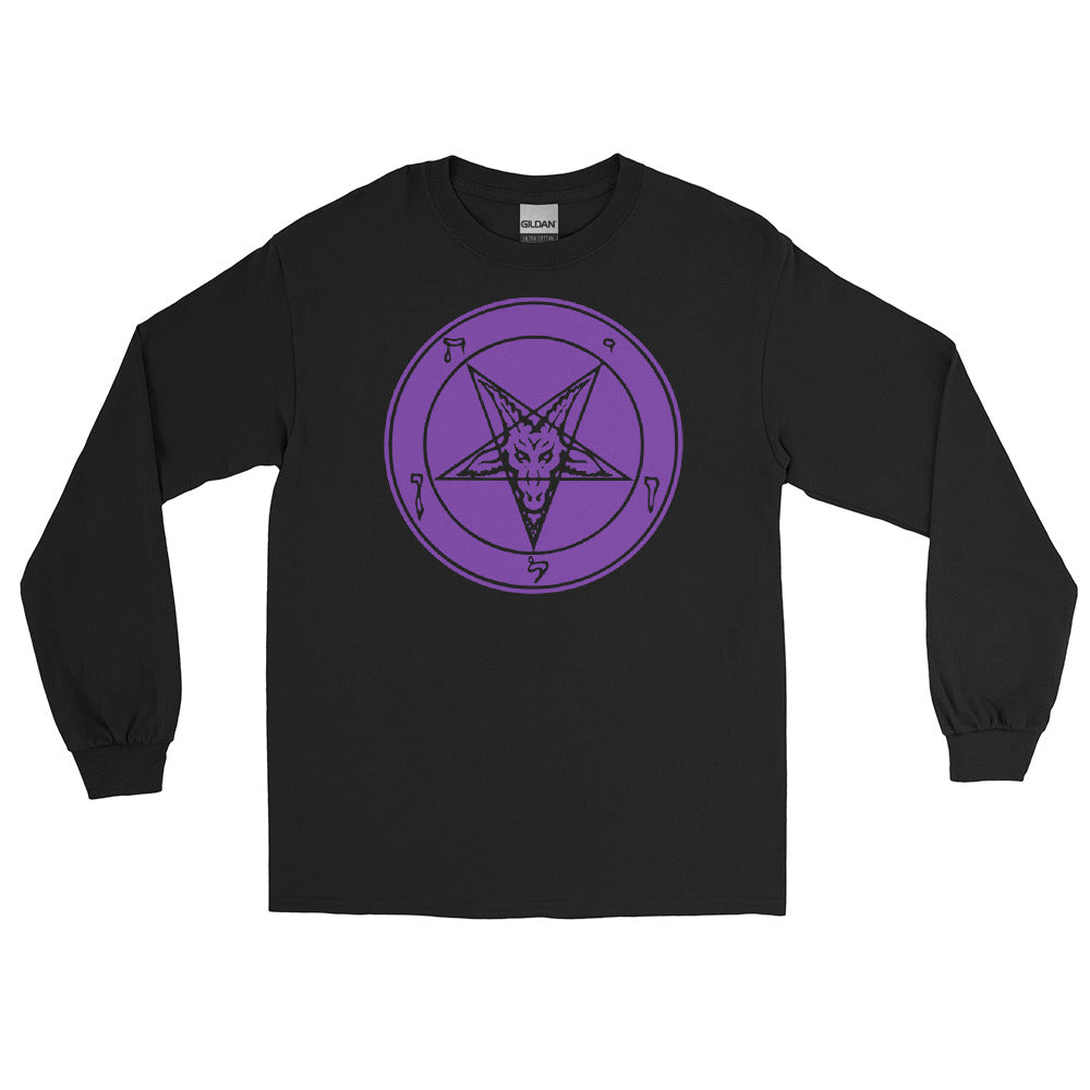Classic Sigil of Baphomet Goat Head Pentagram Men’s Long Sleeve Shirt Purple Print - Edge of Life Designs