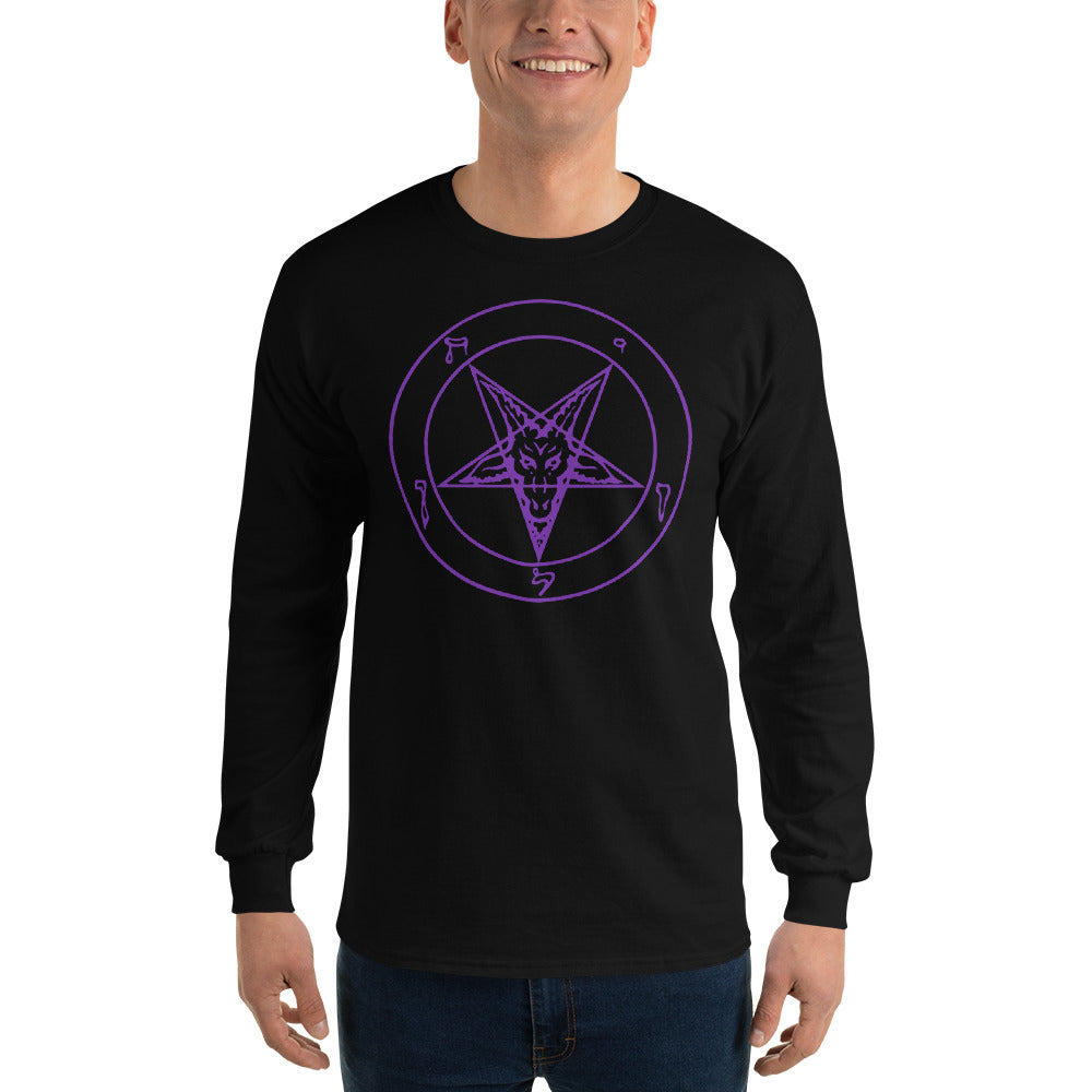 Purple Sigil of Baphomet design on unisex long sleeve shirt, front view