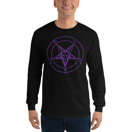 Purple Sigil of Baphomet design on unisex long sleeve shirt, front view