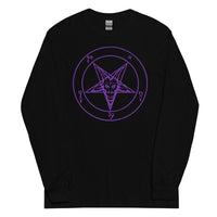 Purple Sigil of Baphomet design on unisex long sleeve shirt, front view