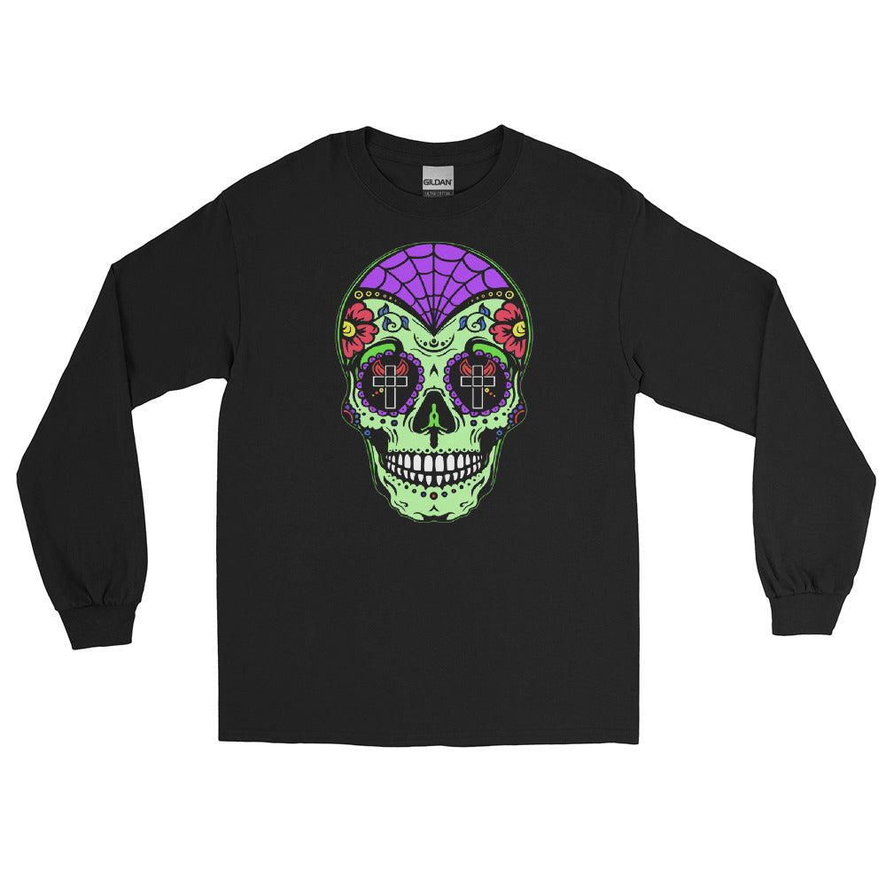 Green Sugar Skull Day of the Dead Halloween Long Sleeve Shirt - Edge of Life Designs