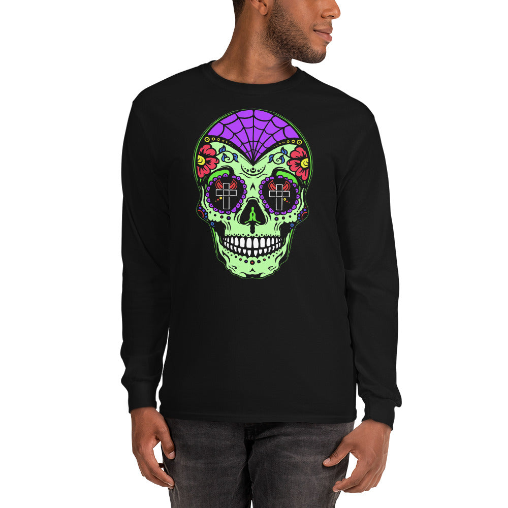 Green Sugar Skull Day of the Dead Halloween Long Sleeve Shirt - Edge of Life Designs