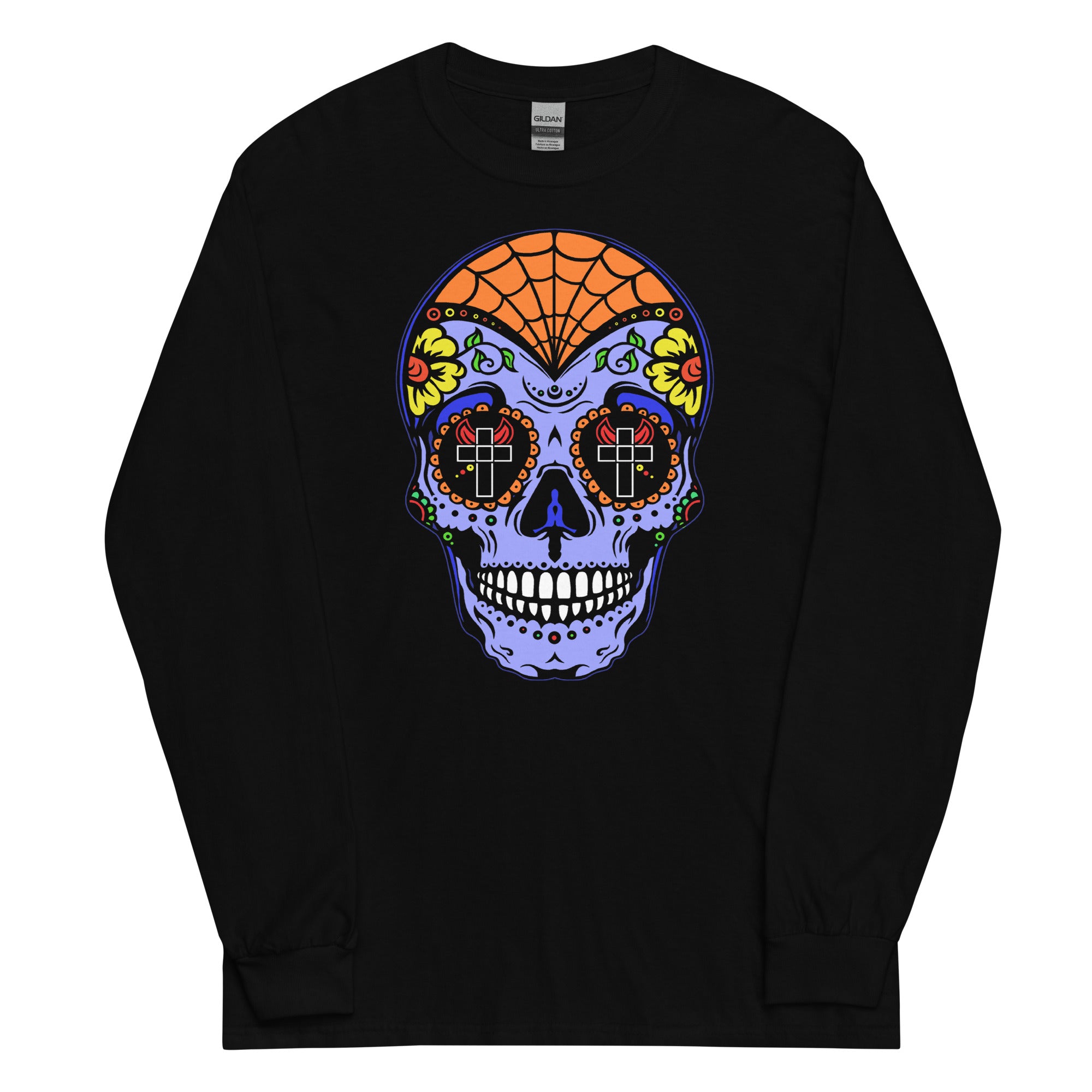 Blue Sugar Skull Day of the Dead Halloween Long Sleeve Shirt - Edge of Life Designs