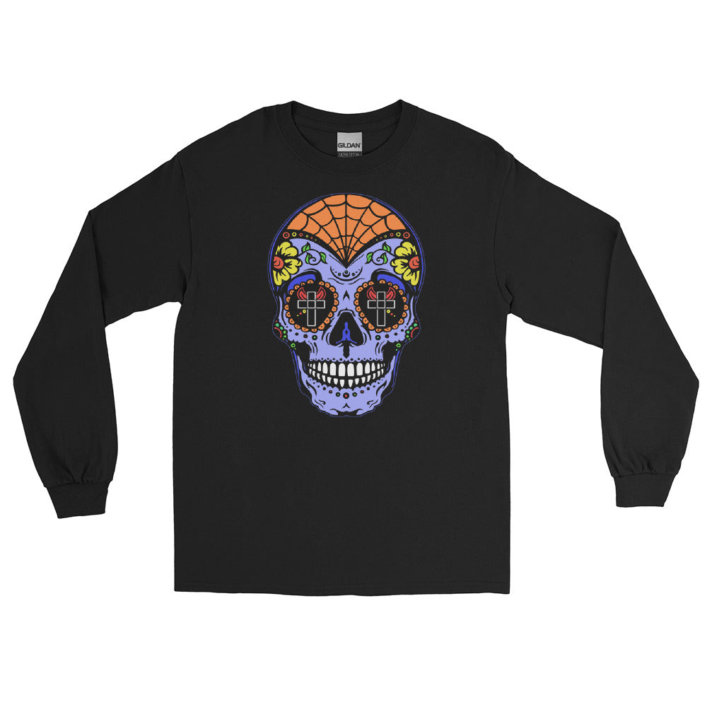 Blue Sugar Skull Day of the Dead Halloween Long Sleeve Shirt - Edge of Life Designs