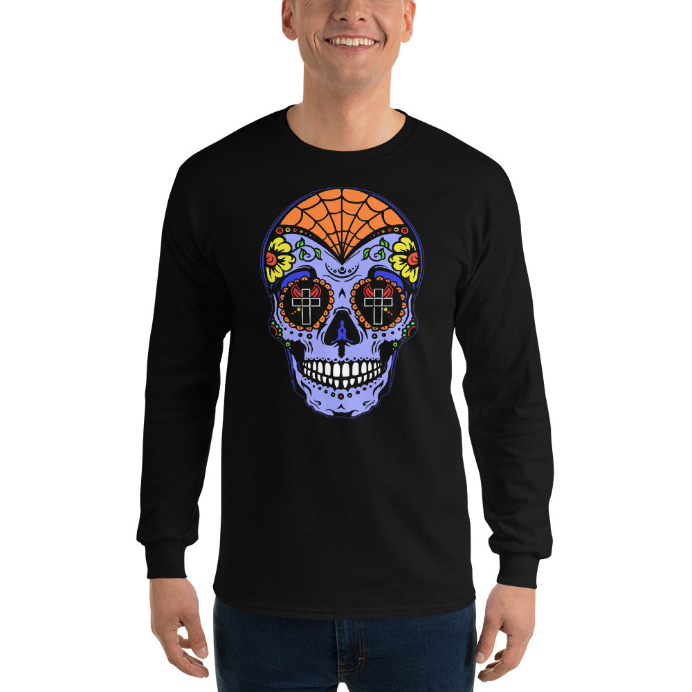 Blue Sugar Skull Day of the Dead Halloween Long Sleeve Shirt - Edge of Life Designs