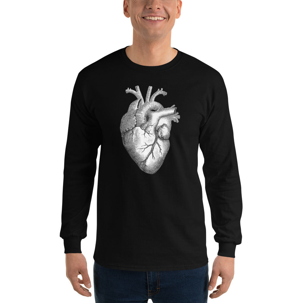 Anatomical Human Heart Medical Art Long Sleeve Shirt Black and White - Edge of Life Designs