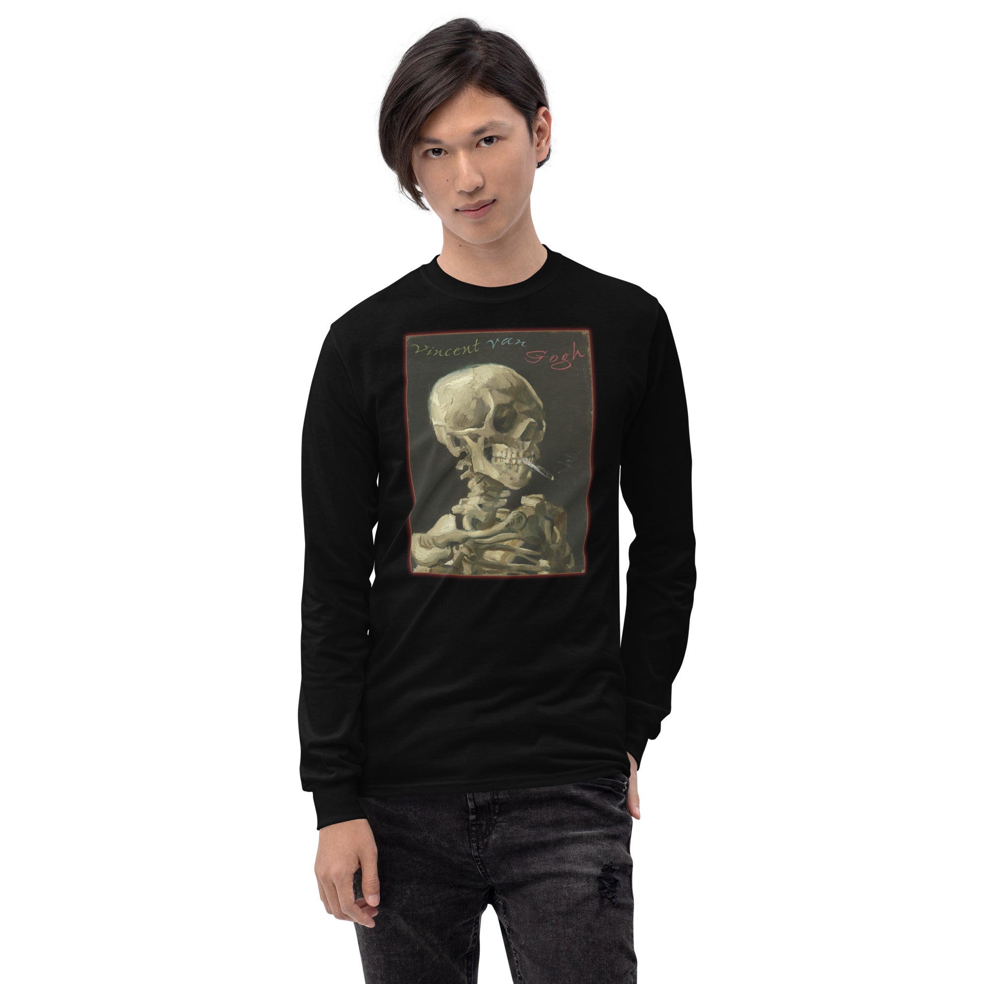 Skull of a Skeleton with Burning Cigarette Vincent Van Gogh Long Sleeve Shirt - Edge of Life Designs
