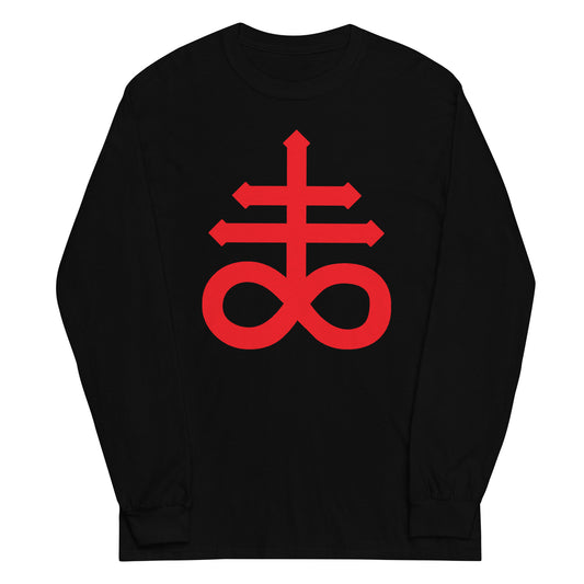 Red Leviathan Cross design on unisex long sleeve shirt, front view