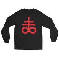 Red Leviathan Cross design on unisex long sleeve shirt, front view