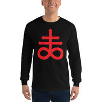 Red Leviathan Cross design on unisex long sleeve shirt, front view