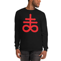 Red Leviathan Cross design on unisex long sleeve shirt, front view