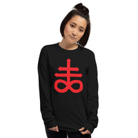 Red Leviathan Cross design on unisex long sleeve shirt, front view