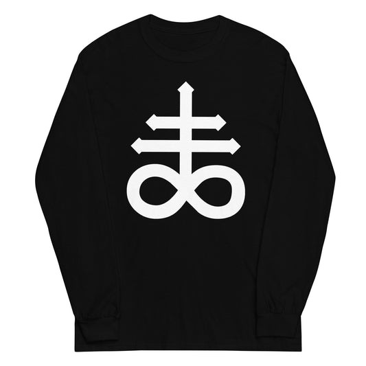 White Leviathan Cross design on unisex long sleeve shirt, front view