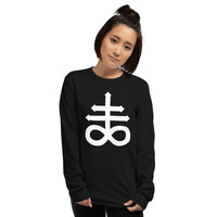 White Leviathan Cross design on unisex long sleeve shirt, front view