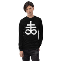 White Leviathan Cross design on unisex long sleeve shirt, front view