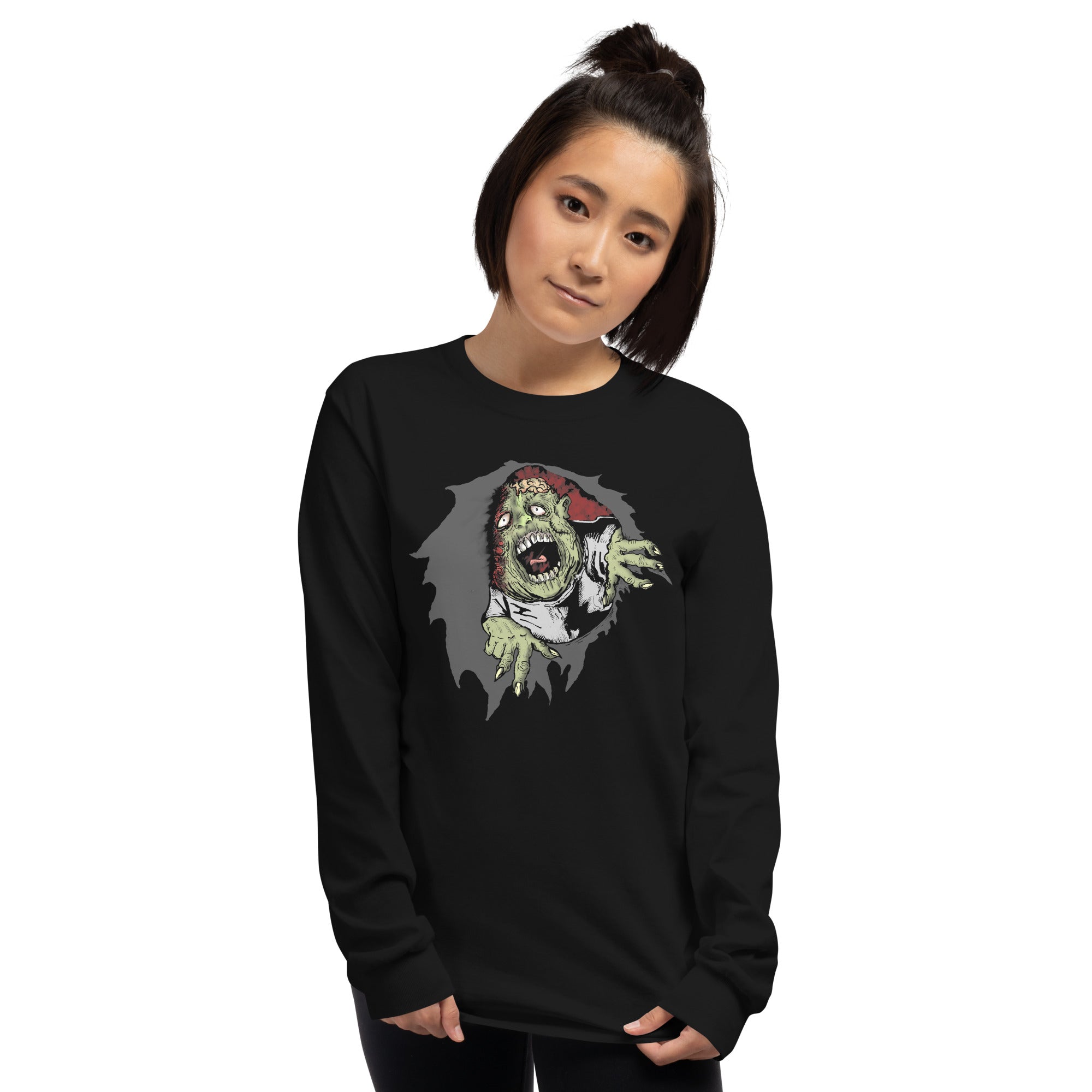 Flesh Eating Zombie Ripping Through Chest Horror Long Sleeve Shirt - Edge of Life Designs
