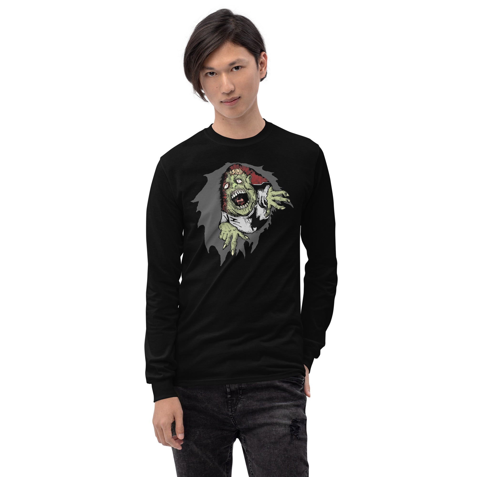 Flesh Eating Zombie Ripping Through Chest Horror Long Sleeve Shirt - Edge of Life Designs