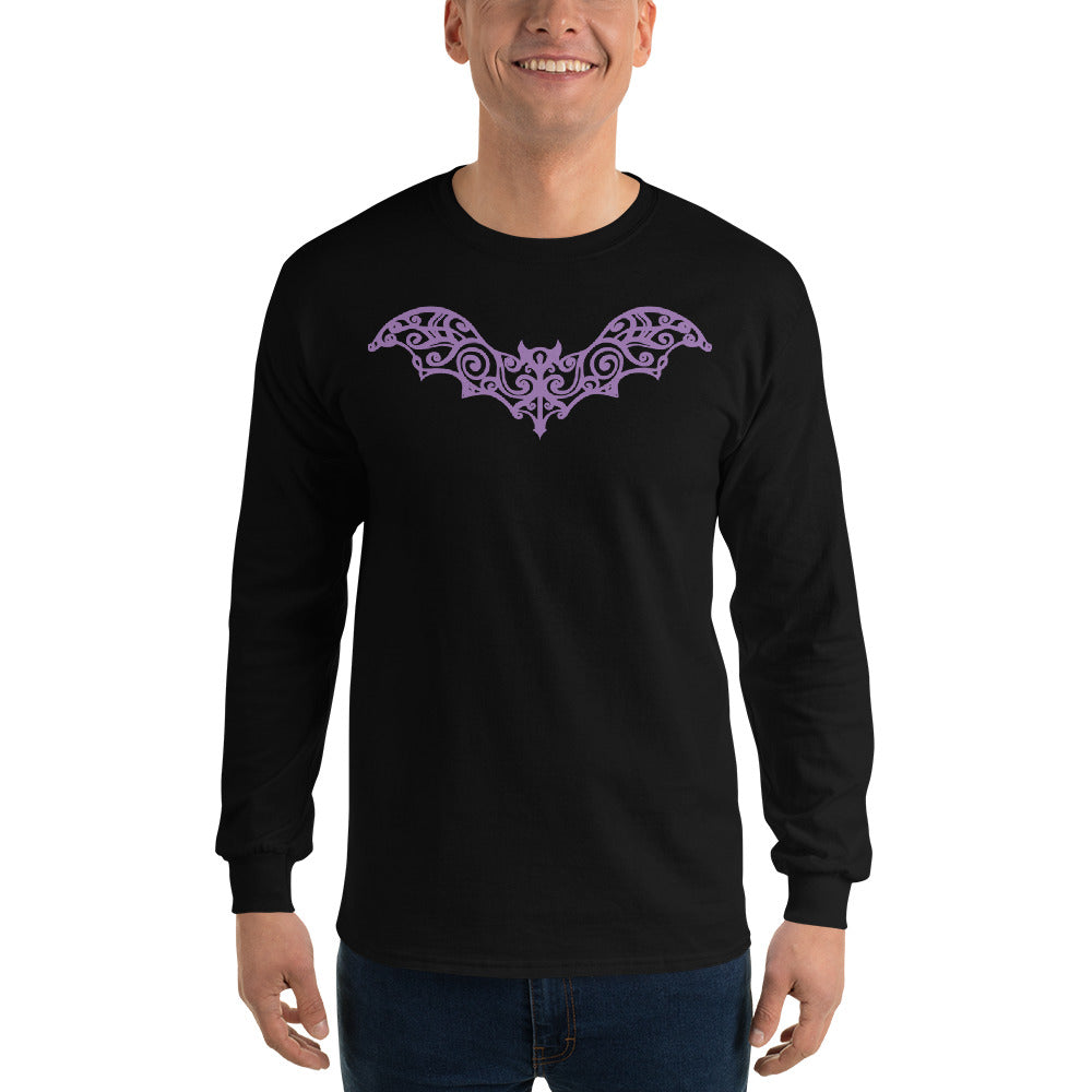 Gothic Wrought Iron Style Vine Bat Long Sleeve Shirt Purple Print - Edge of Life Designs