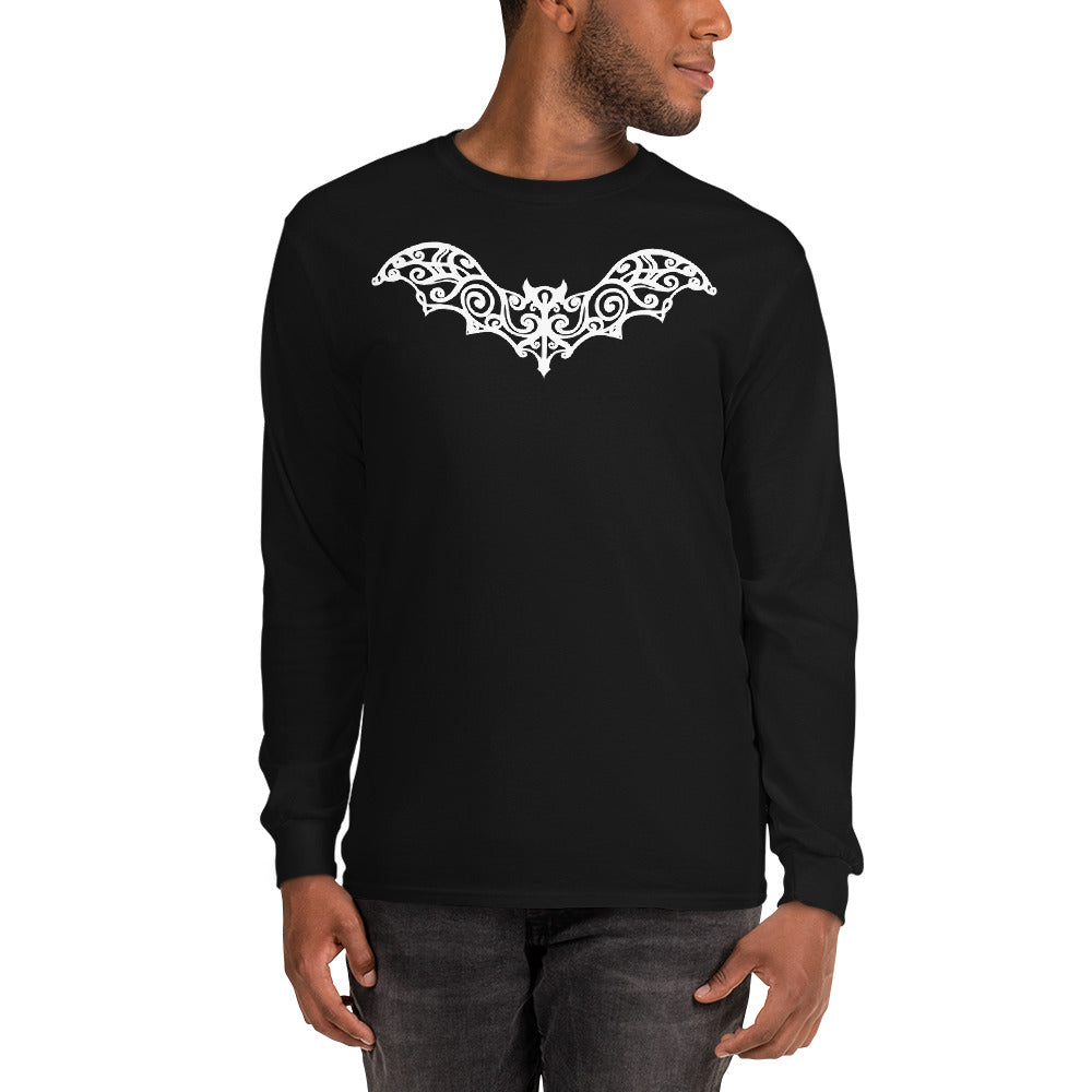 Gothic Wrought Iron Style Vine Bat Long Sleeve Shirt White Print - Edge of Life Designs