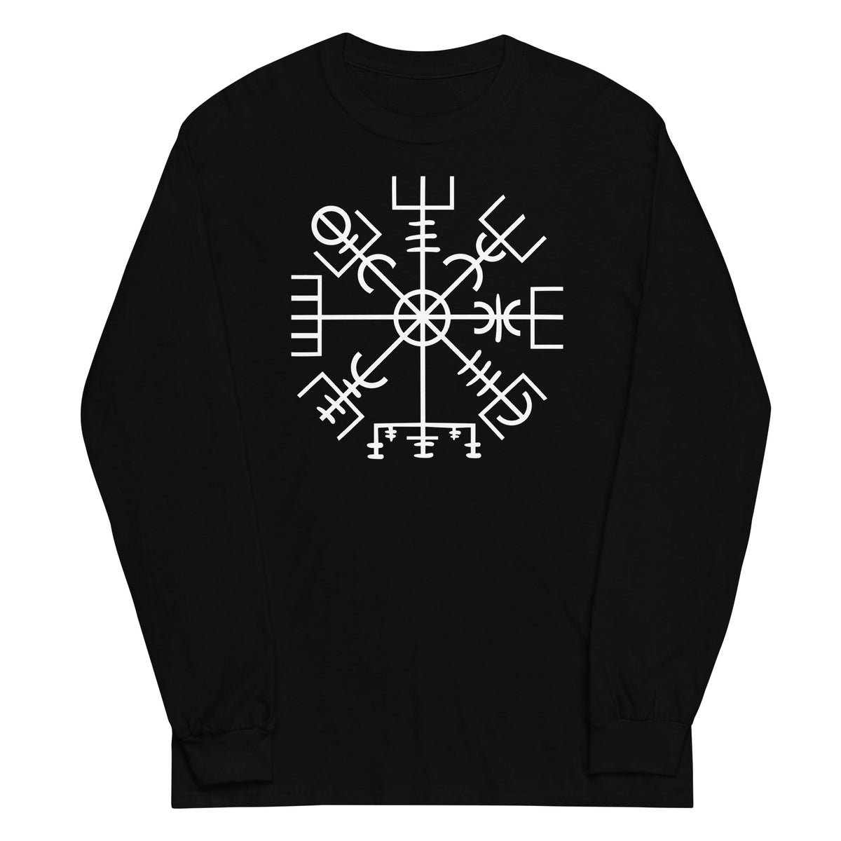 Vegvisir Wayfinder design on unisex long sleeve shirt, front view