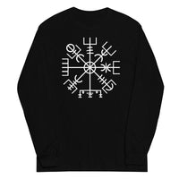 Vegvisir Wayfinder design on unisex long sleeve shirt, front view