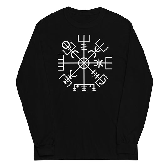 Vegvisir Wayfinder design on unisex long sleeve shirt, front view