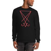 Red Sigil of Lucifer design on unisex long sleeve shirt, front view