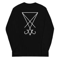 White Sigil of Lucifer design on unisex long sleeve shirt, front view