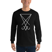 White Sigil of Lucifer design on unisex long sleeve shirt, front view