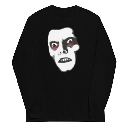 Pazuzu Captain Howdy design on unisex long sleeve shirt, front view