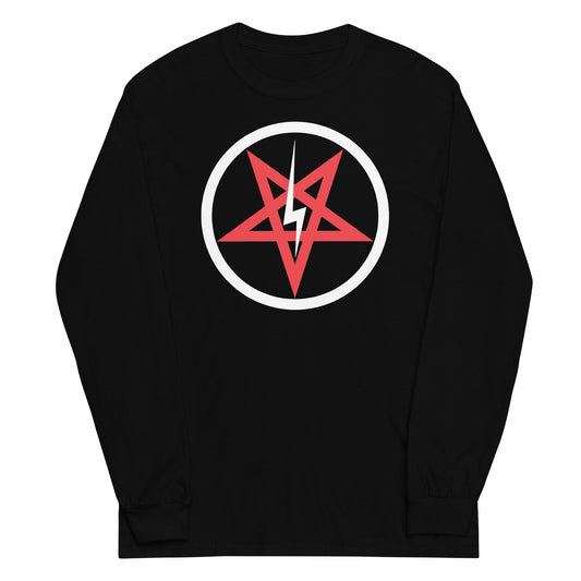 Satanic Church Sigil Bolt design on unisex long sleeve shirt, front view