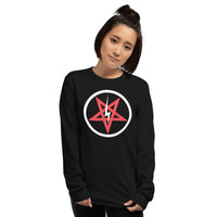 Satanic Church Sigil Bolt design on unisex long sleeve shirt, front view