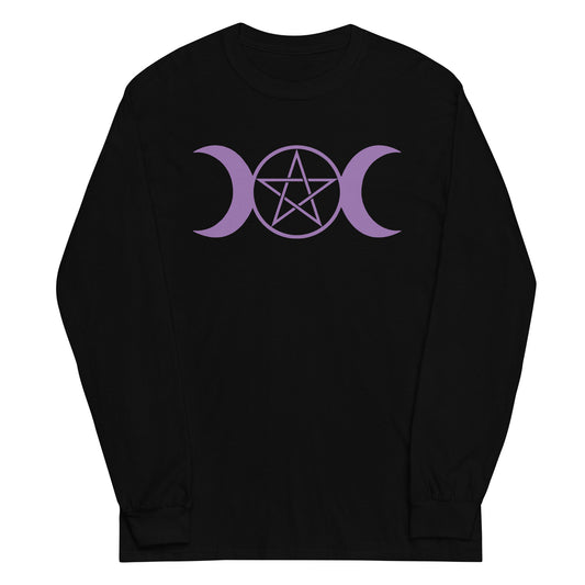 Purple Triple Moon Goddess design on unisex long sleeve shirt, front view