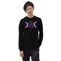 Purple Triple Moon Goddess design on unisex long sleeve shirt, front view