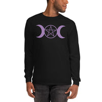 Purple Triple Moon Goddess design on unisex long sleeve shirt, front view