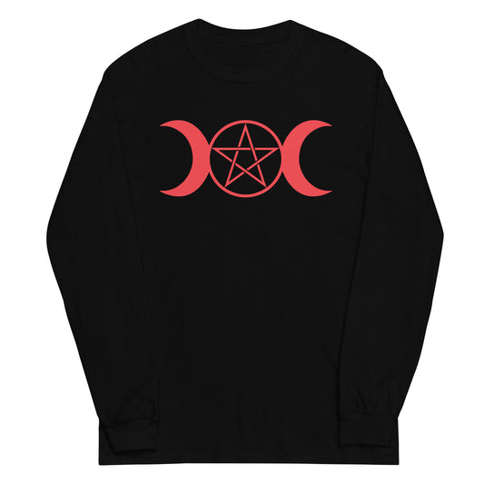 Red Triple Moon Goddess design on unisex long sleeve shirt, front view