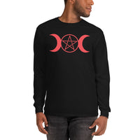 Red Triple Moon Goddess design on unisex long sleeve shirt, front view