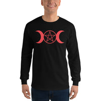 Red Triple Moon Goddess design on unisex long sleeve shirt, front view