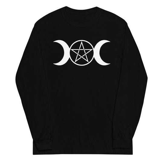 White Triple Moon Goddess design on unisex long sleeve shirt, front view