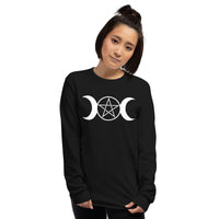 White Triple Moon Goddess design on unisex long sleeve shirt, front view