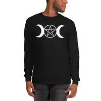 White Triple Moon Goddess design on unisex long sleeve shirt, front view