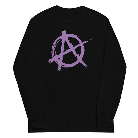 Purple Anarchy Symbol design on unisex long sleeve shirt, front view