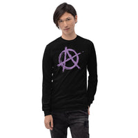 Purple Anarchy Symbol design on unisex long sleeve shirt, front view