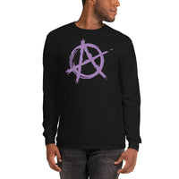 Purple Anarchy Symbol design on unisex long sleeve shirt, front view